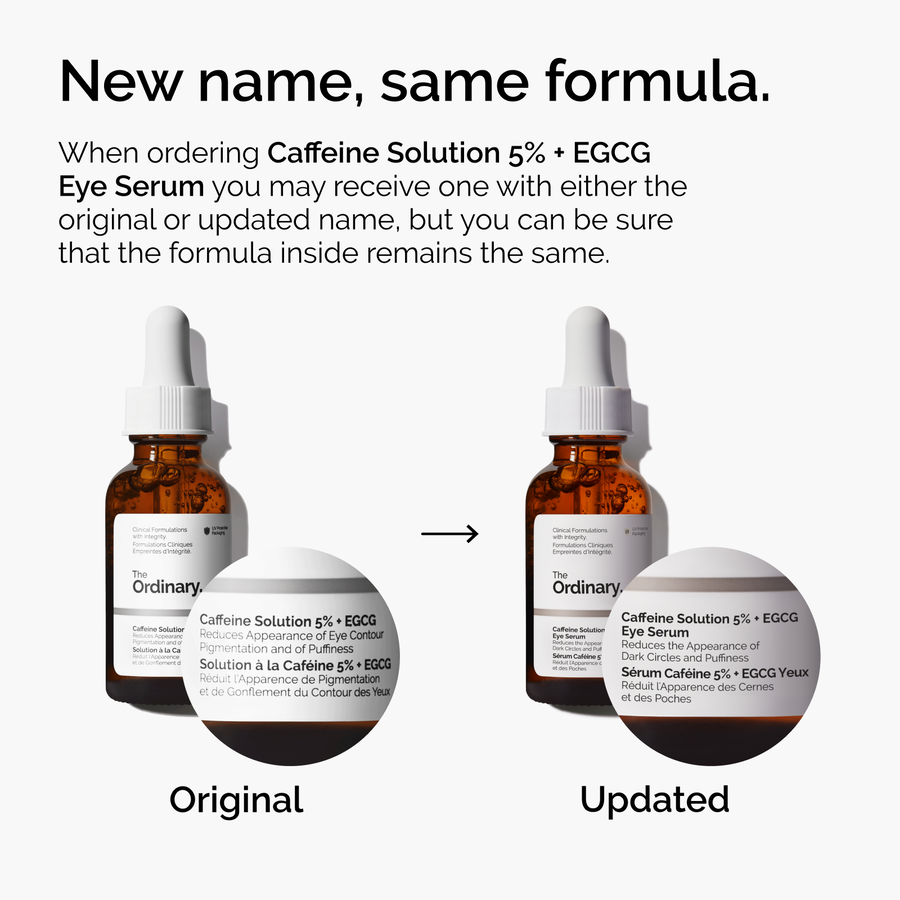 When ordering Caffeine Solution 5% + EGCG Eye Serum, you may receive one with either the original or updated name, but you can be sure that the formula inside remains the same.